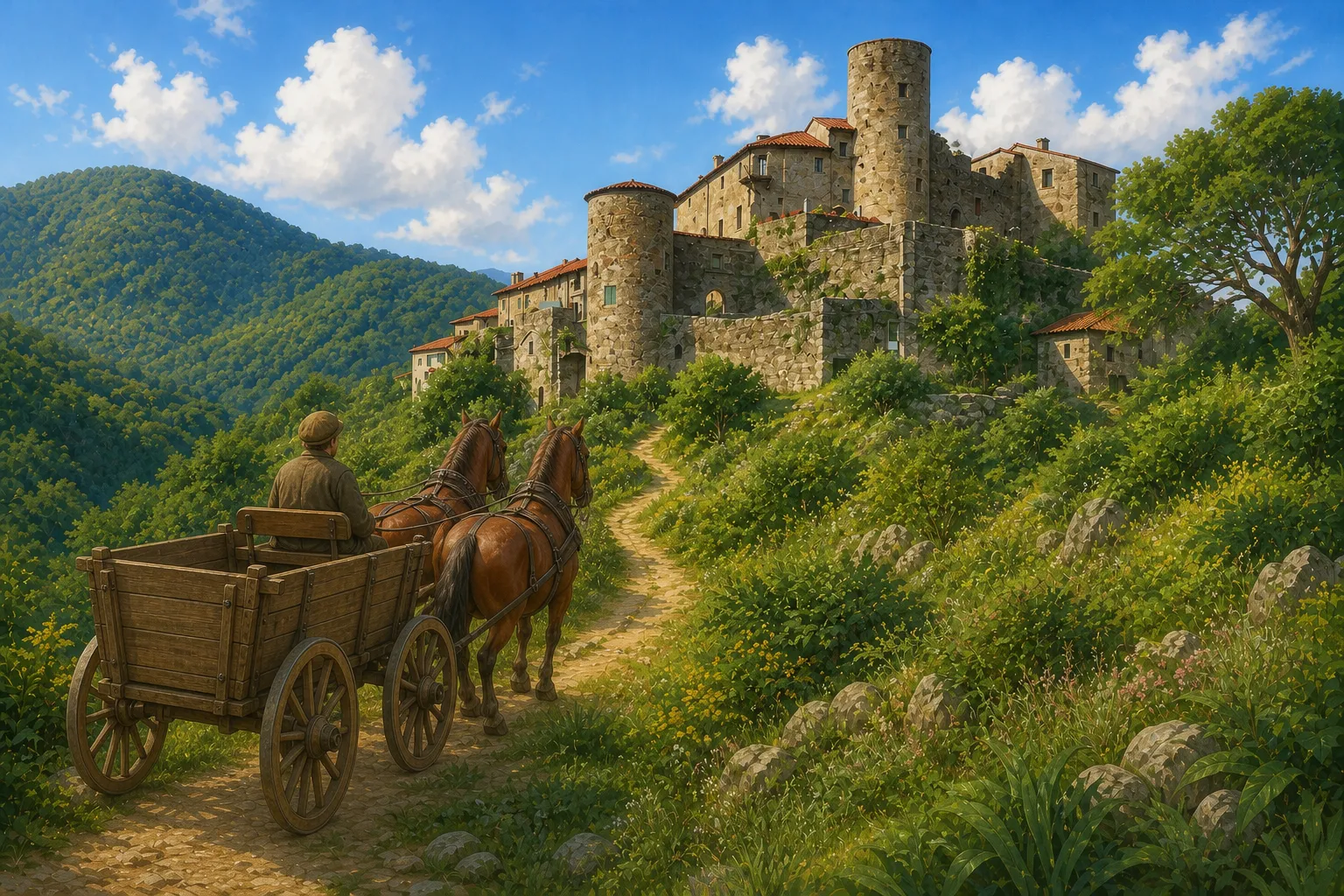 Una carrozza trainata da due cavalli arriva a Castevoli lungo il sentiero verso le torri medievali