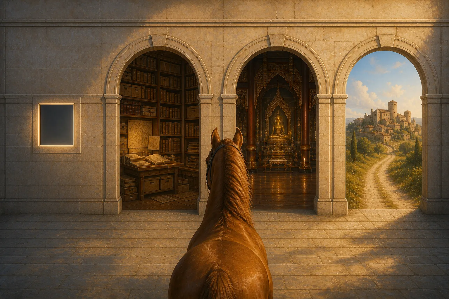 Un cavallo di spalle davanti a tre archi che si aprono su mondi diversi: un archivio di libri e documenti, un tempio buddista dorato, un borgo medievale toscano