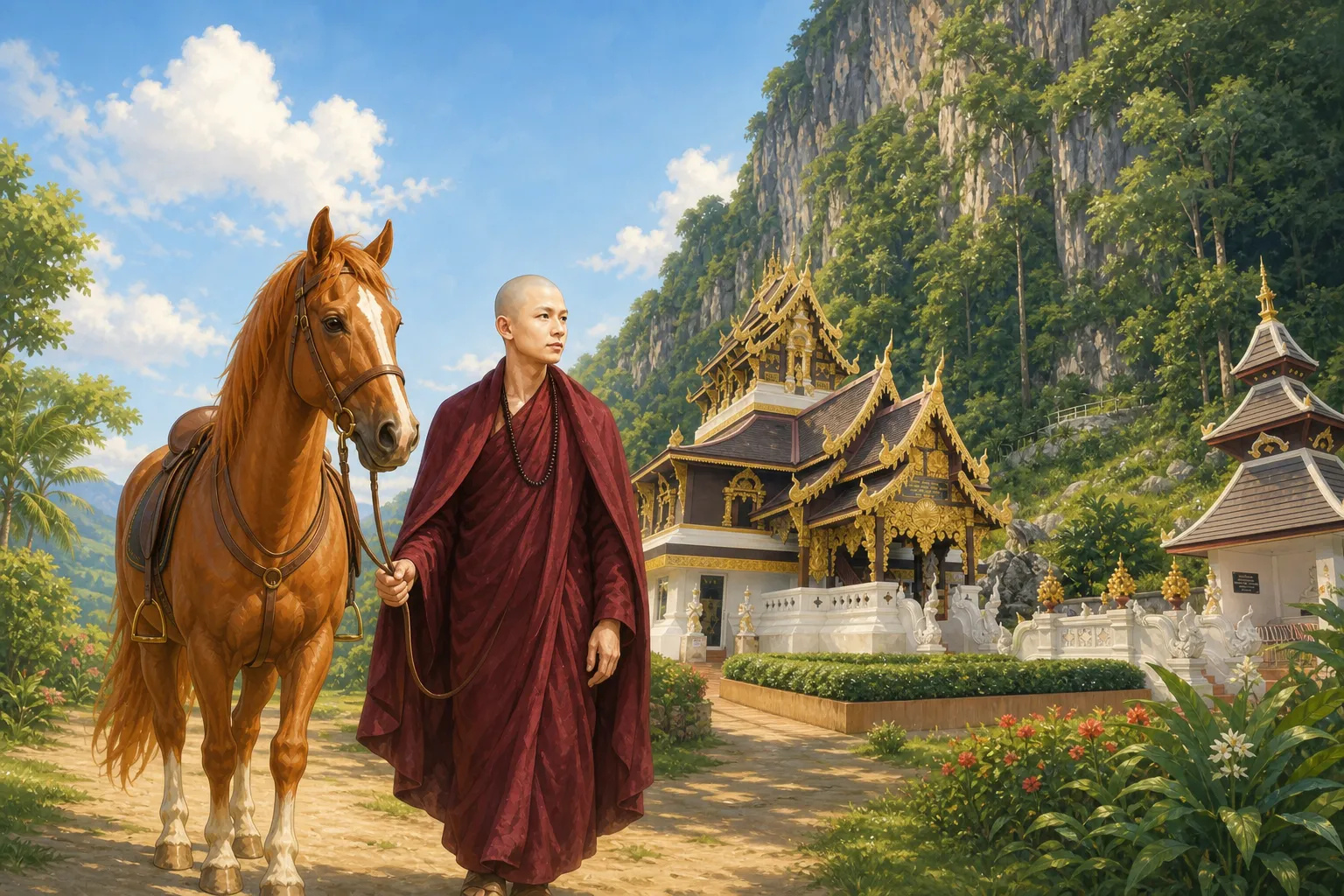 Kruba Noi con un cavallo davanti al Wat Tham Chetawan, ai piedi della falesia