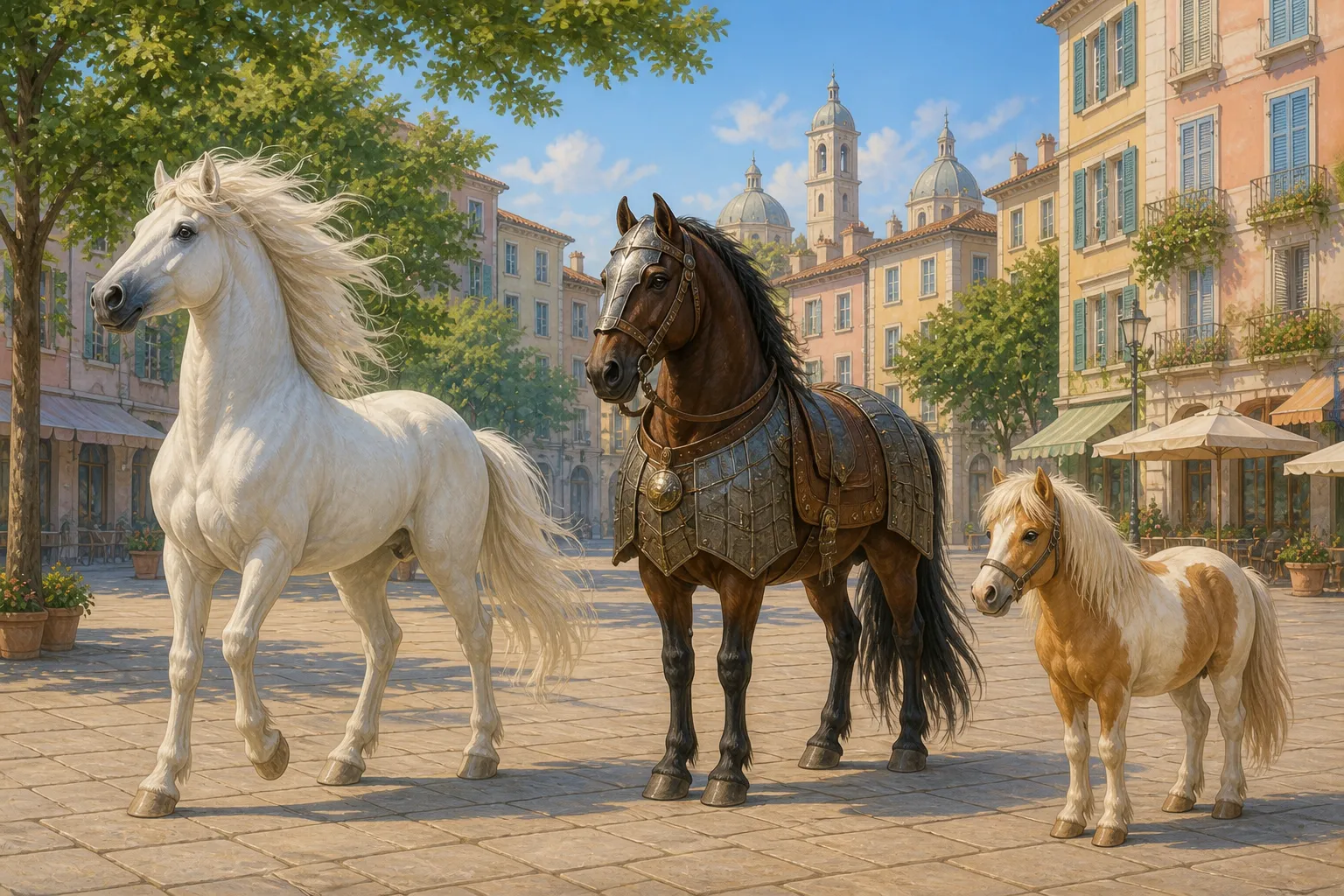 Tre cavalli diversi in una piazza cittadina: bianco e selvaggio, bardato e un pony mansueto